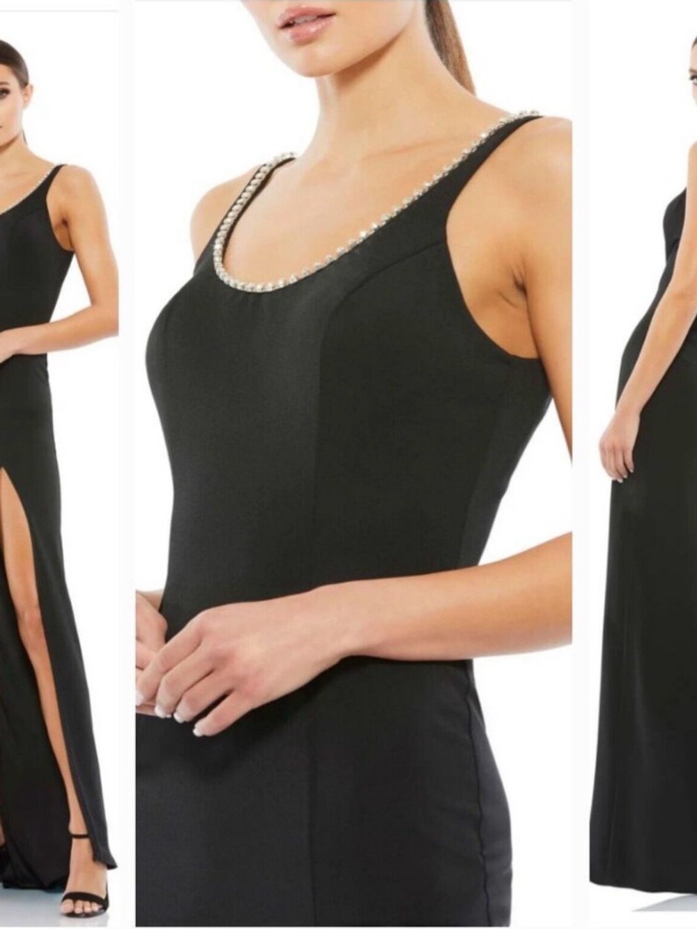 Mac Duggal Black Maxi Gown with Pearl-Trim Scoop Neck